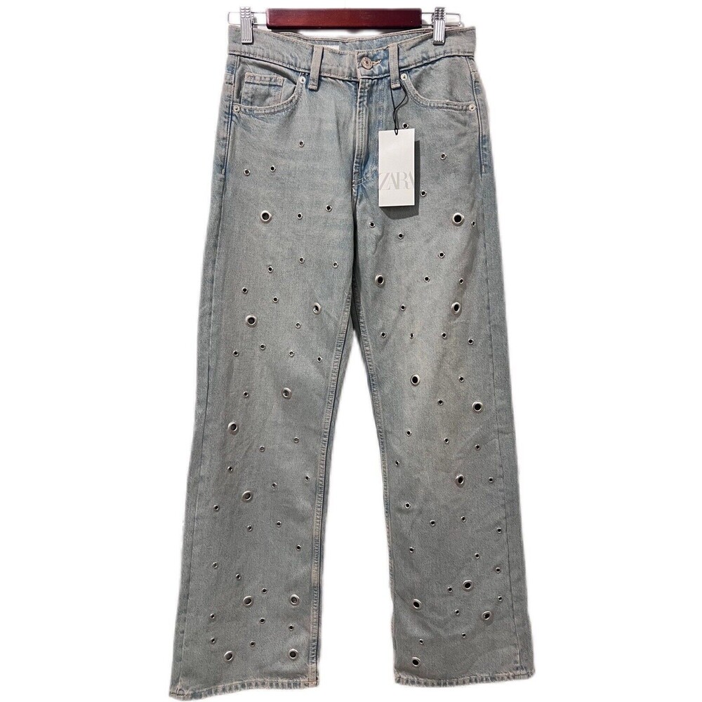 ZARA New Women US Size 2 Blue TRF Eyelet Ring Trim High Waist Jeans Ref 3607/028